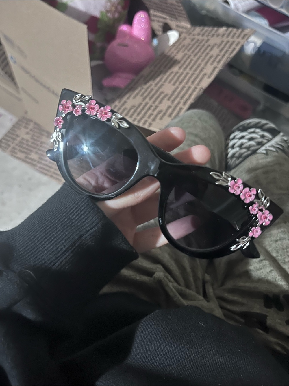 Black Cat-Eye Sunglasses with Pink Floral Accents